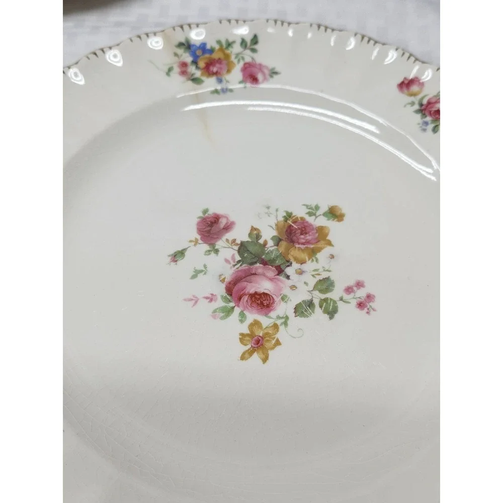 VTG Made In USA Limoges English Rose Pattern Set Of 5 Dinner Plates 22kt Gold